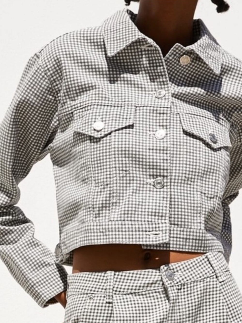 Zara Black & White Cropped Checked Denim Jacket